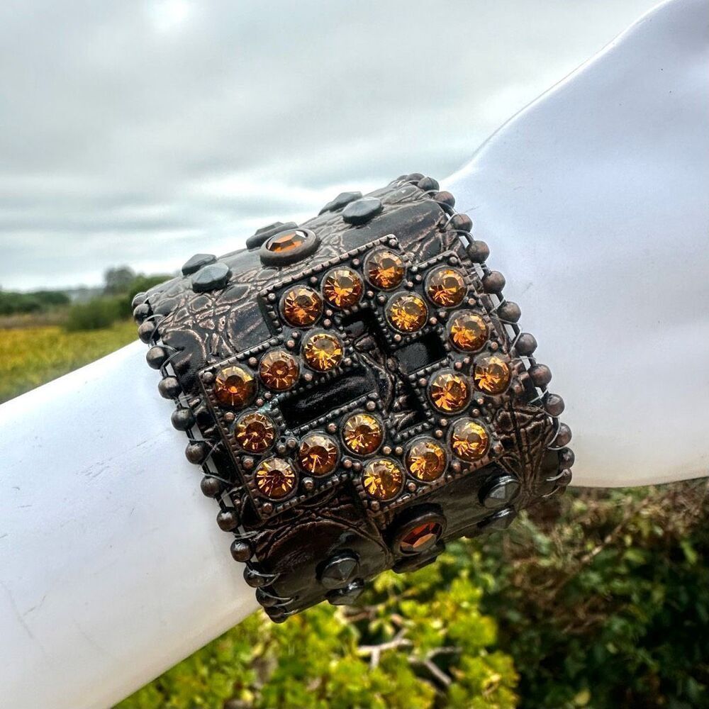 Brown leather orange rhinestone cross snap bracelet